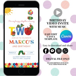 Hungry caterpillar birthday invitation animated invite second birthday video invite 2nd birthday invitation caterpillar theme