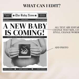 Op de afbeelding: Een zwart-witte krantenadvertentie met de kop "Een nieuwe baby is onderweg!" De advertentie bevat een zwart-witte echografie en de tekst "Gefeliciteerd met de komst van het nieuwe gezinslid van de familie Thomas!"