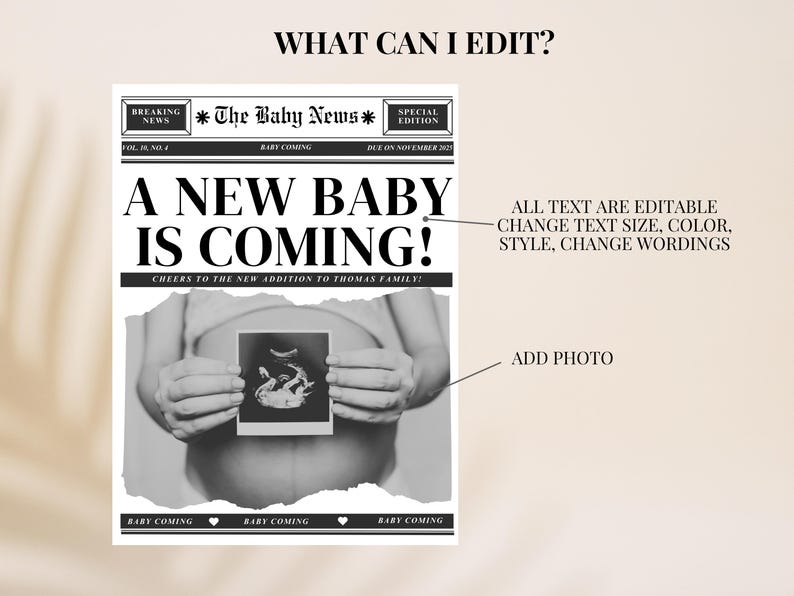 Op de afbeelding: Een zwart-witte krantenadvertentie met de kop "Een nieuwe baby is onderweg!" De advertentie bevat een zwart-witte echografie en de tekst "Gefeliciteerd met de komst van het nieuwe gezinslid van de familie Thomas!"