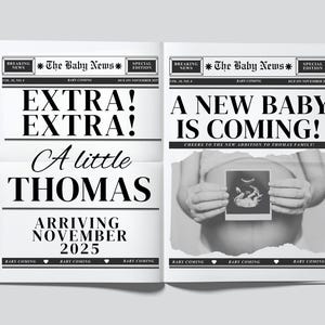 Op de afbeelding: Een zwart-witte krantenadvertentie met de kop "EXTRA! EXTRA! A little THOMAS ARRIVING NOVEMBER 2025". De rechterkant van de krant toont een zwangere vrouw die een echografiebeeld vasthoudt.