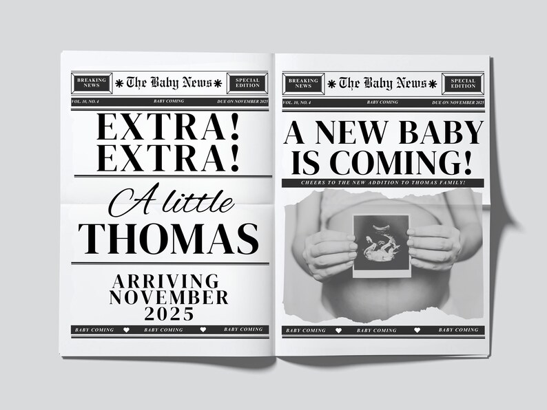 Op de afbeelding: Een zwart-witte krantenadvertentie met de kop "EXTRA! EXTRA! A little THOMAS ARRIVING NOVEMBER 2025". De rechterkant van de krant toont een zwangere vrouw die een echografiebeeld vasthoudt.