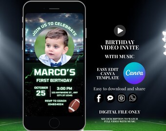 Faire-part d'anniversaire première année en baisse, invitation football garçon, invitation football animé, invitation premier anniversaire garçon, invitation sur le thème du football