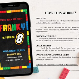 May include: A digital invitation for a birthday party with a Lego theme. The invitation features a black background with a colourful Lego border. The text on the invitation reads "Stack, Build, and Party! Franky is turning 8. 4PM | January 07, 2025 Builder's Cafe 123 Anywhere St., Any City RSVP Julia +123 456 789".
