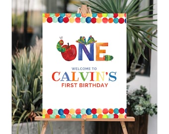 Panneau de bienvenue d'anniversaire très affamé de chenille Poster d'anniversaire modifiable de chenille