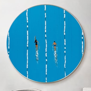 Round Blue Two people Swimming Painting People Swimming in Pool Modern Sports Painting Minimalist Water Wall Art Decor Gift for Swimmer