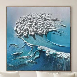 Blue Ocean Wave Painting on Canvas Impasto Textured Painting Designer Serene Canvas Art Modern Minimalist Living Room Art Contemporary Art