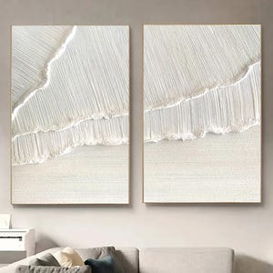 Original 3D White Minimalist Textured Wall Art Set Of 2 Ocean Wave Painting on Canvas Neutural Tone Wabi-Sabi Wall Art Living Room Painting