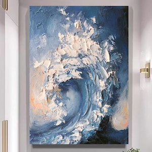 Large 3D Ocean Wave Oil Painting On Canvas Abstract Textured Painting, Custom Blue Sea Wall Art Wabi-sabi Living Room Wall Art Decor Gift