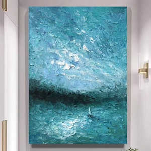 Ocean Wave Oil Painting On Canvas 3D Starry Night Ocean  Abstract Minimalist Painting, Custom Blue Sea Wall Art Living Room Decor Gift
