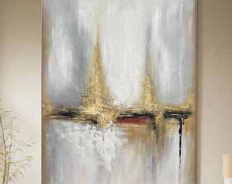 Ausgefallenes Gold- und Beige-Kunstwerk für Zuhause, Blattgold-Leinwandkunst, moderne goldene abstrakte Wanddekoration mit silbernem Touch, moderne Ästhetik