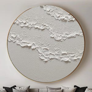 Round 3D White Minimalist Beach Painting Textured Wall Art Ocean Wave Painting on Canvas Wabi-Sabi Wall Living Room Painting Fashion Decor