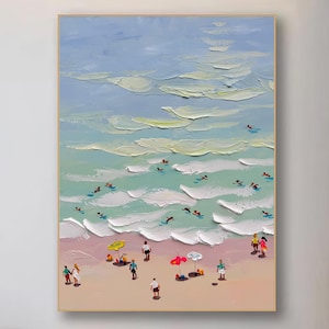 Summer Crowds on the Shore Happy Coast Painting Swimming Painting Custom Painting Texture Wall Art Personalized Gift Summer Art Costal Art
