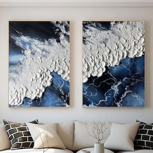 Set of 2 Blue Ocean Coastal Wall Art Ocean Wave Canvas Art | 3D Coastal Wall Art Abstract Blue Sea Painting Modern Beach Decor Ocean Artwork