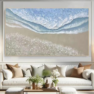 3D blue Minimalist Ocean Painting Beach Painting Beige Texture Canvas Art Ocean Wave Painting Wabi-Sabi Wall Art Living Room Painting Art