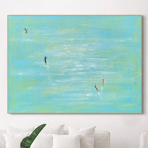 green abstract art, two girls swimming painting, green texture painting, green wall art, green minimalist art, horizontal custom work gift