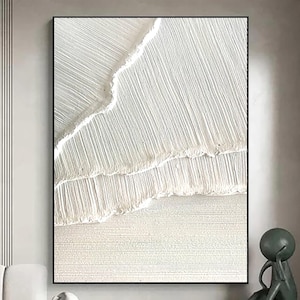 Original 3D White Minimalist Textured Wall Art Ocean Wave Painting on Canvas Neutural Tone Wabi-Sabi Wall Art Living Room Textured Painting