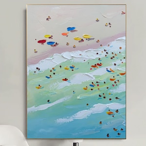 Summer Happy Coast Painting Swimming Painting Custom Painting Texture Wall Art Personalized Gift Costal Art Crowds on the Shore Painting