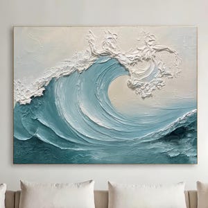Large Blue Ocean Wave Painting on Canvas White 3D Impasto Textured Painting Canvas Surfers Art Minimalist Living Room Decor Contemporary Art