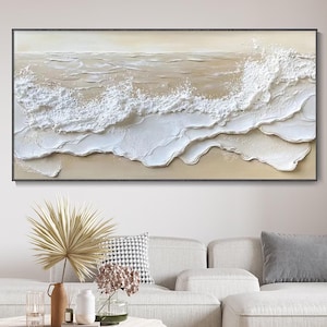 3D Textured Wall Art Ocean Waves Painting on Canvas Ocean Abstract Painting Wabi-Sabi Wall Art Earth Tone Waves Art Canvas Wall Art