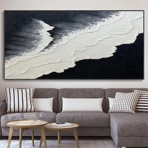 Black Ocean Coastal Wall Art | White Ocean Wave Canvas Art | 3D Coastal Wall Art | Abstract Sea Painting | Modern Beach Decor Ocean Artwork