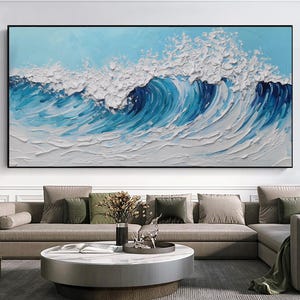 Blue Ocean Coastal Wall Art White Ocean Wave Canvas Art 3D Coastal Wall Art Abstract Blue Sea Painting Modern 3D Texture Beach Decor Wall