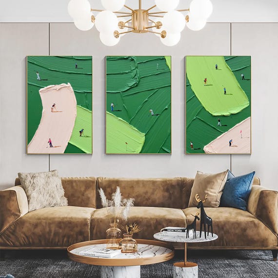 Set of 3 Textured Green Golf Art 3D Palette Knife Painting Contemporary Sport Decor Green Canvas Modern Golf Artwork Unique Golf Lovers Art