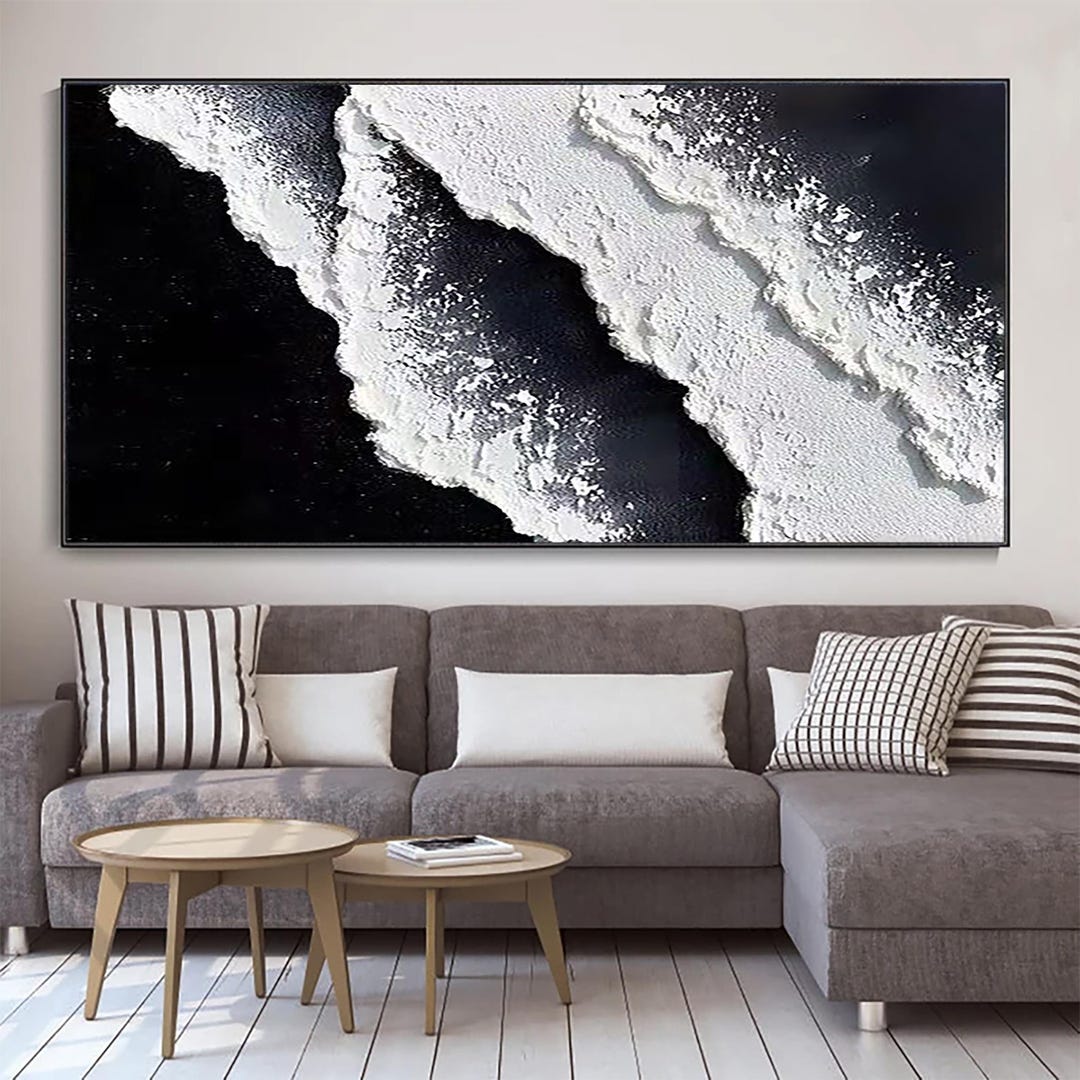3D White Minimalist Beach Painting Black Textured Wall Art Ocean Wave ...