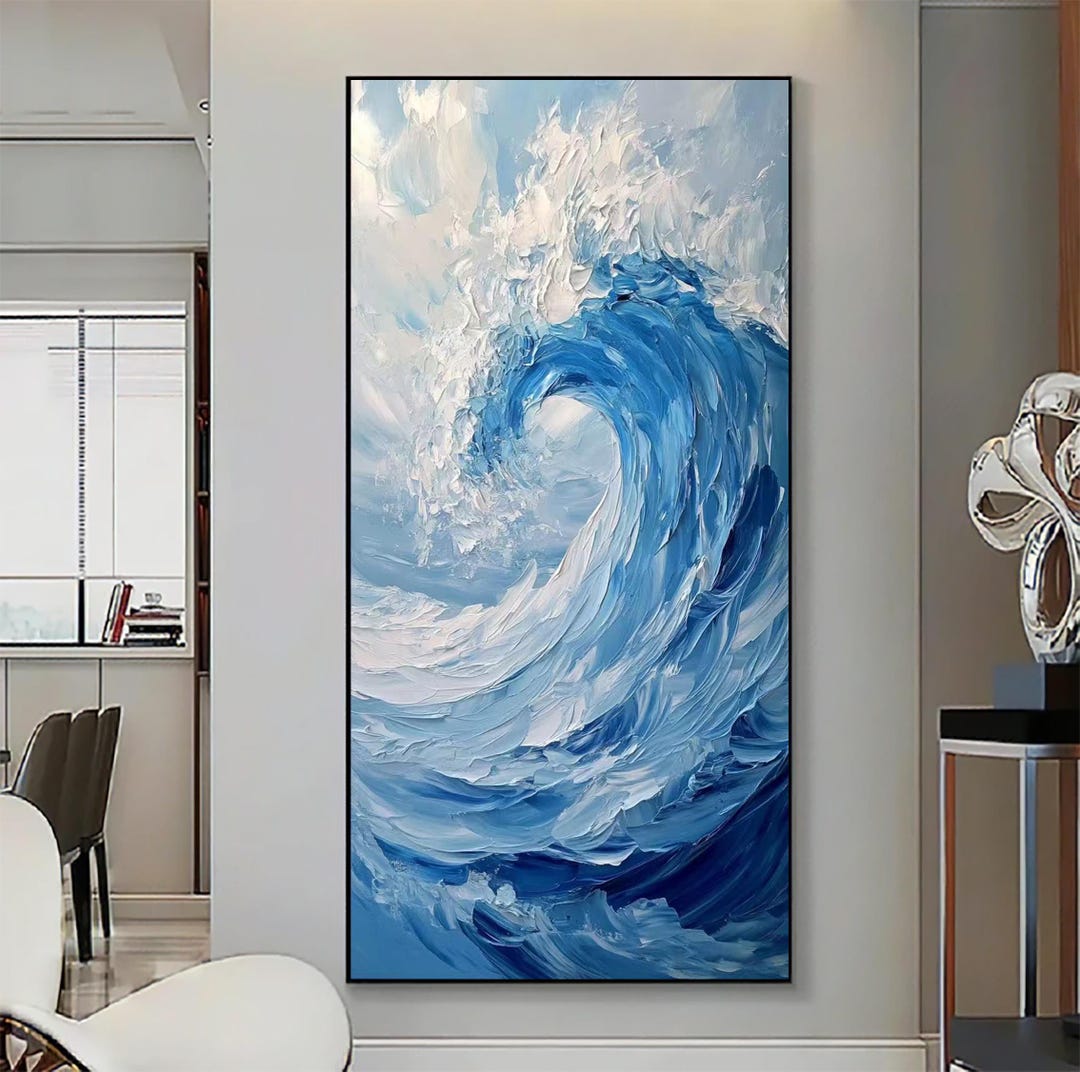 Blue Ocean Waves Canvas Painting, Raging Ocean Abstract Painting ...