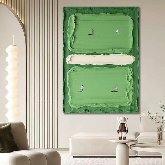 tennis art,Character wall art, green tennis court art, 3D textured impasto art, contemporary art, green minimalist art, gift for him.