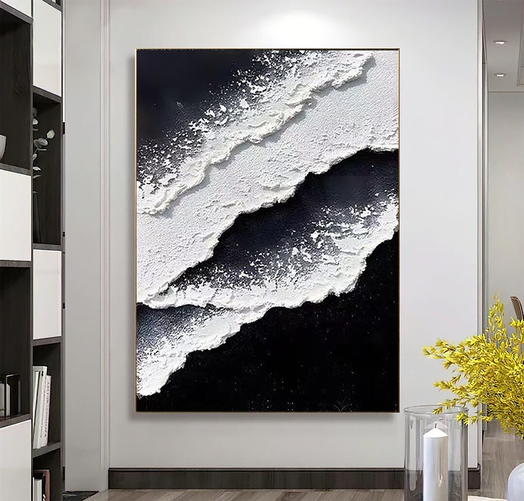 3D Black White Minimalist Beach Painting Textured Wall Art Ocean Wave ...