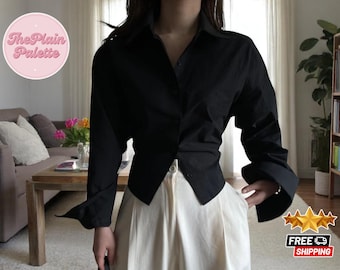 Damen Arbeitskleidung Bluse | Langarm Top mit Kragen | Button-Down-Shirt-Stil | Stilvolles schickes lässiges Outfit Bequeme Alltagskleidung