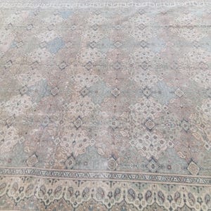 May include: A large, rectangular rug with an intricate, faded floral pattern in muted tones of beige, blue, and pale green. The rug features a detailed border with paisley-like motifs, creating a vintage aesthetic.