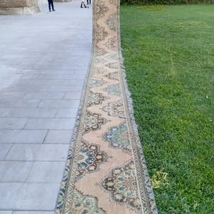 May include: A long, narrow runner rug featuring a beige background with a repeating pattern of ornate floral medallions in shades of blue, green, and dark brown. The rug has a decorative border and a flat-woven texture throughout its length.
