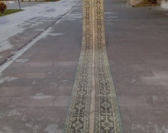Handwoven Wool Oushak Stair Runner Rug: Vintage Turkish Hallway Rug (2x20 feet)