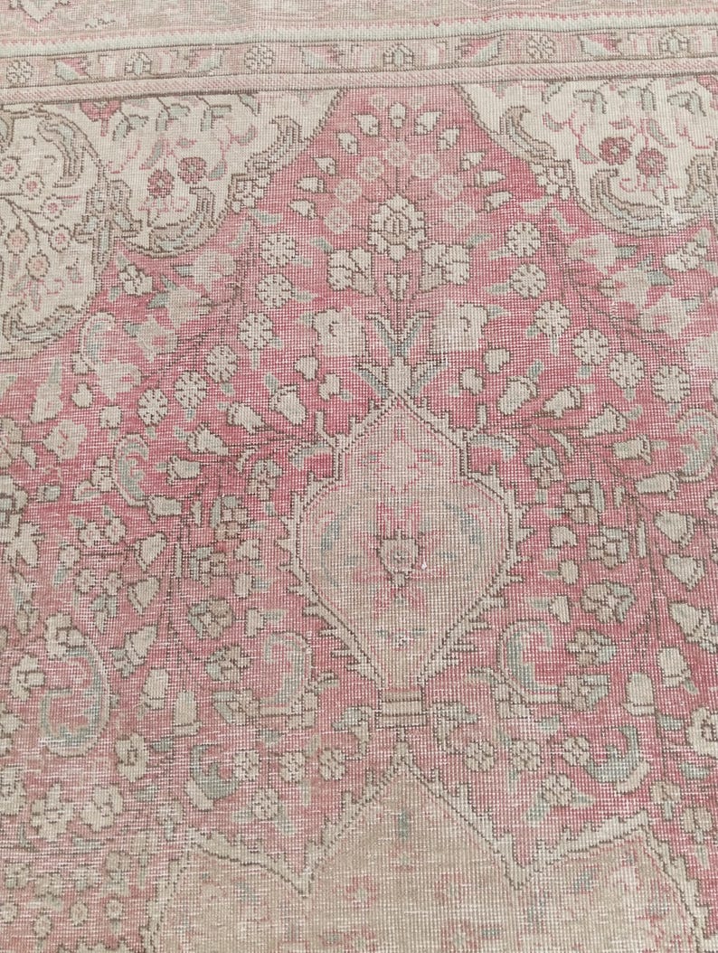 May include: A woven rug featuring a central medallion design in shades of dusty rose, cream, and muted sage green. The surface displays intricate floral motifs, scrolling vines, and geometric patterns throughout the field, framed by a linear border.