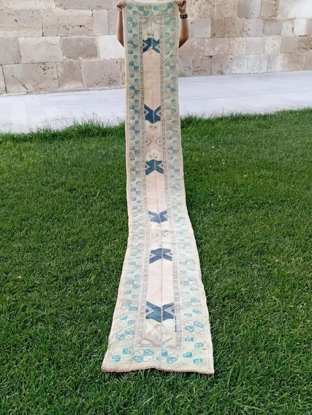 Handmade Vintage Turkish Oushak Runner Rug: Green & Beige 2x10 ft