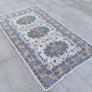 4x6 Vintage Rug, Green Brown Turkish Rug, 4x6 Oushak Rug, Small Rug, Living Room Rug, Dining Room Rug, Antique Rug, Neutral Rug 3.10x6.10 ft