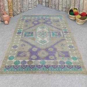 Vintage Turkish Wool Rug: Faded Oushak Area Carpet (4.6x7.1 ft)