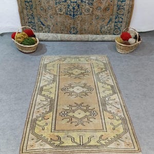 3x5 Vintage Blue yellow Rug, 3x5 Oushak Wool Rug, Turkish Livingroom Nursery Bedroom Bathroom Kitchen Dorm Rug, Home Decor, 2.10x4.6 ft