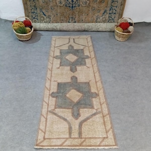 Vintage Turkish Runner Rug: 2x6 Pastel Oushak, Handmade Wool Rug,              Tax Free USA