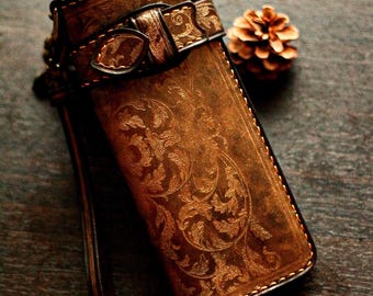 Artistieke leren lange portemonnee vintage brons: handgemaakt luxe antiek dubbelgevouwen handwerkkunstcadeau