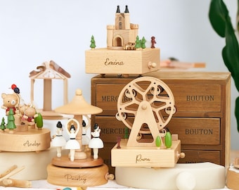 Ricordo della giostra musicale della ballerina in legno, carillon fatto a mano, carillon cimelio, regalo per baby shower, perfetto come regalo di compleanno per la mamma