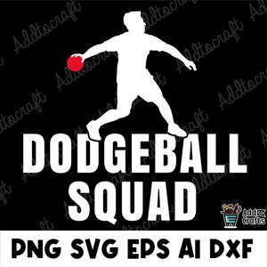 以下が含まれることがあります： 赤いドッジボールを投げる人の白いシルエット。画像の下に「DODGEBALL SQUAD」というテキストがあります。画像の下部に「PNG SVG EPS AI DXF」というテキストがあります。