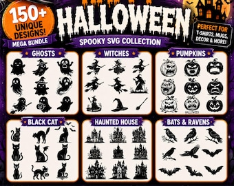 Halloween SVG Bundle | 150 Spooky Ghost, Witch, Pumpkin Designs (Digital Download)