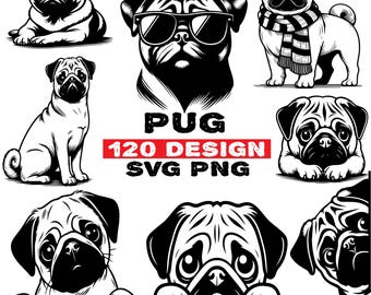 Pug Dog SVG Bundle, 120 Designs, Clipart, PNG, Vector Art (Digital Download)