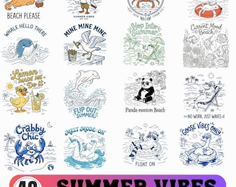 Vintage zomer lijntekeningen clipartbundel, retro strand png-ontwerpen (digitale download)