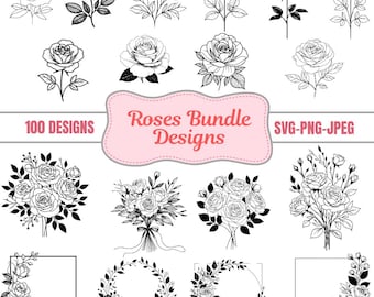 Roos SVG-bundel, bloemen gesneden bestanden, clipart PNG, monogram kransontwerpen (digitale download)