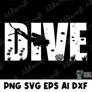 Peut inclure: Un design en silhouette noir et blanc d'un plongeur avec le mot "DIVE" en lettres blanches. Le design comprend des bulles, des poissons et des coraux.