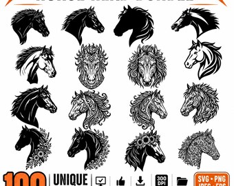 Horse Head SVG Bundle, Horse Head Clipart, Horse Portrait SVG, Horse PNG, Cricut Files, Horse Vector, Floral Horse, Equestrian Svg