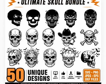 50 Unique Skull SVG PNG Bundle, Gothic Tattoo Clipart (Instant Download)